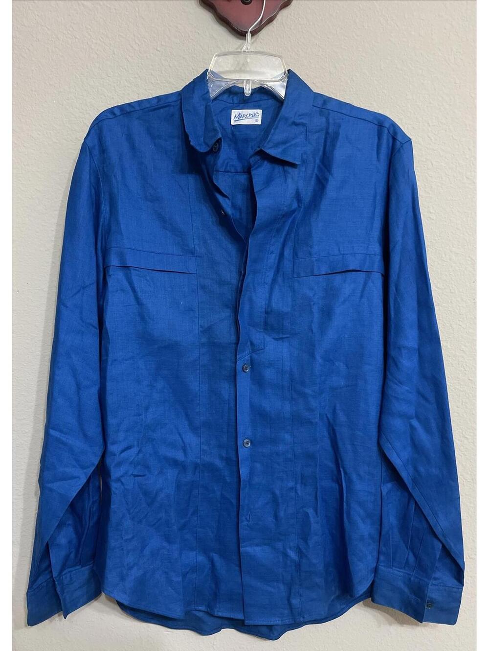 Marcello Vintage Mens Medium Blue Button-Up 100% Thick Linen Casual Shirt! M1443